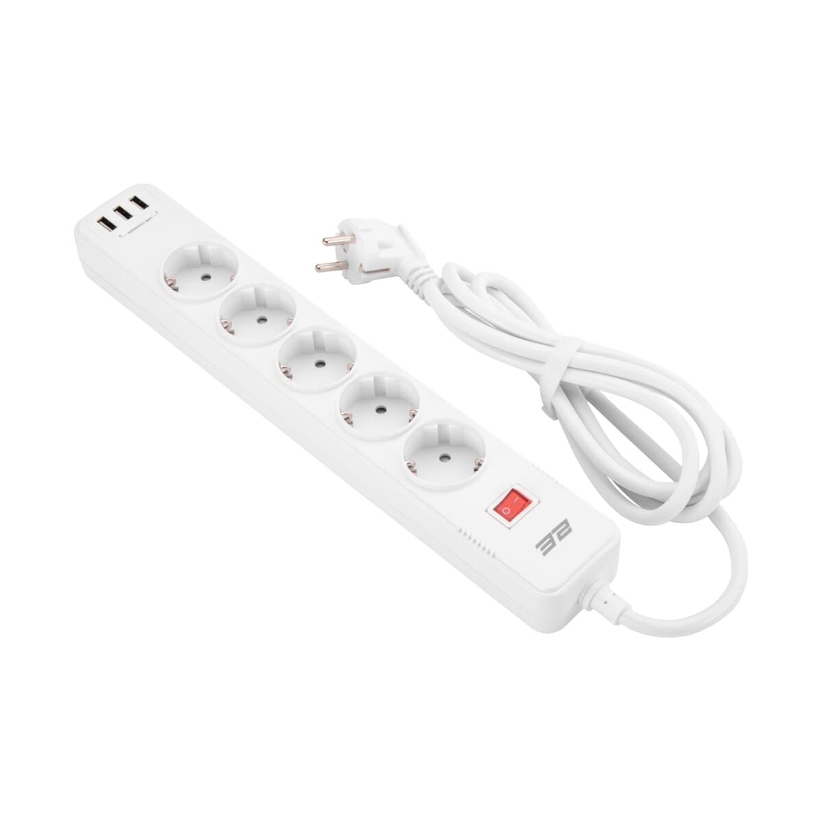 2E qoruyuculu 2m 5 rozetka 3xUSB 16A ağ elektrik uzadıcı