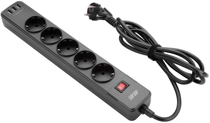 2E qoruyuculu 2m 5 rozetka 3xUSB 16A qara elektrik uzadıcı